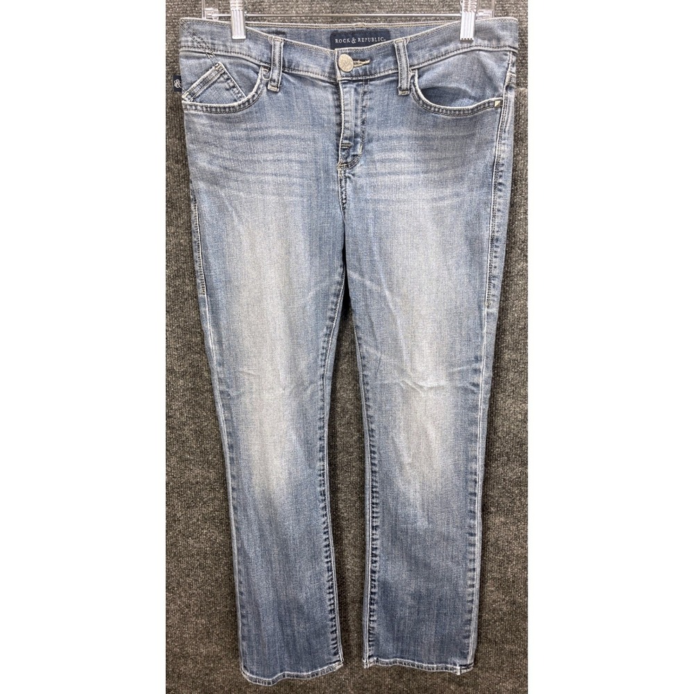 Rock & Republic Womens 10 Light Wash Straight Leg Embroidered Wing Pocket Jeans